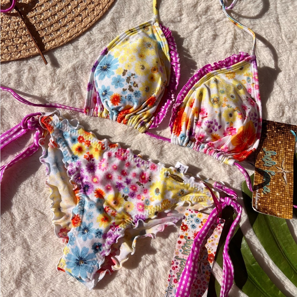 Luli Fama Cha Cha Cha Ruffle Triangle Top and Ruched Wavey Back Bikini Bottom - Picture 9 of 9